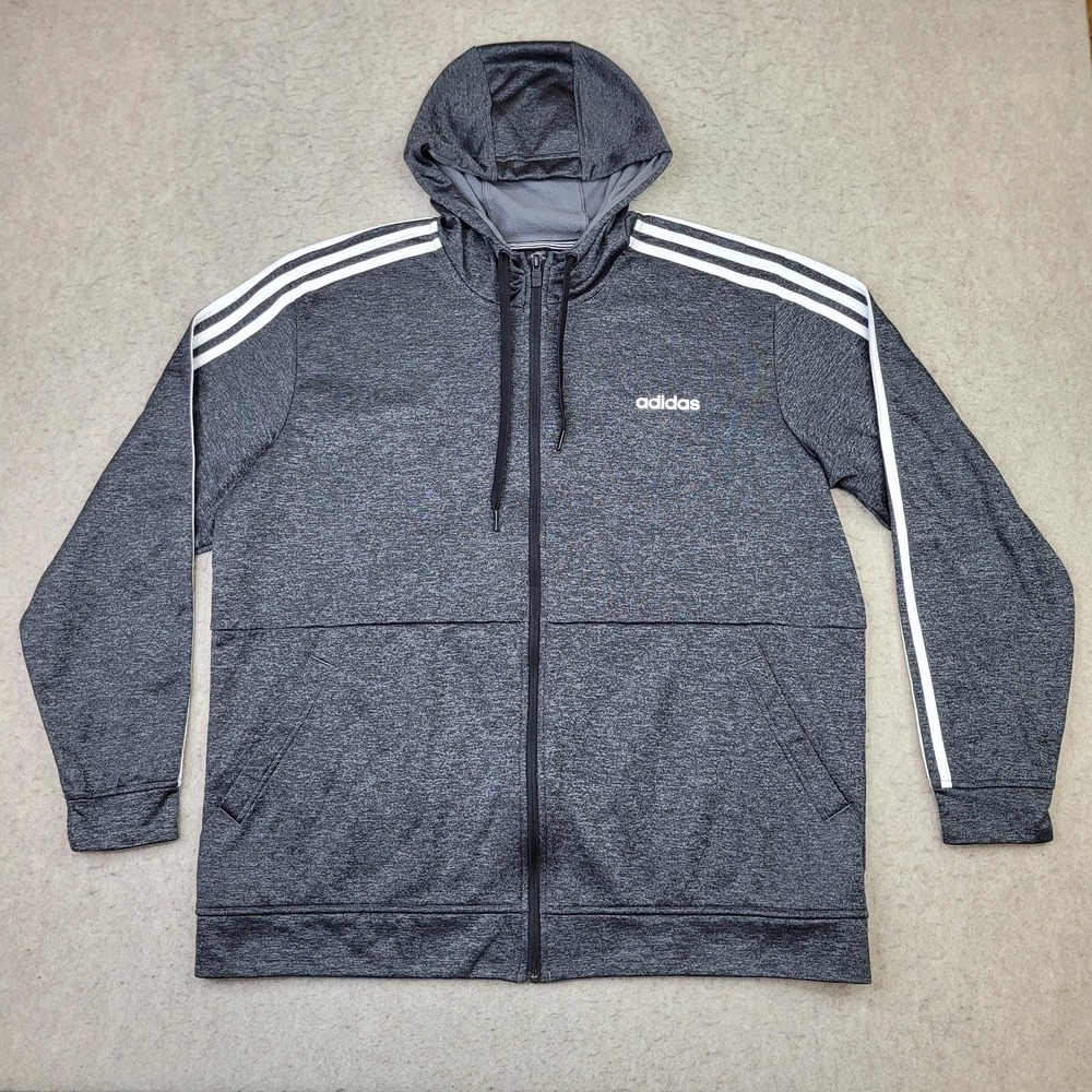 Adidas 3 Stripe Jacket Mens‎ XL Gray Full Zip Hooded Windbreaker Fleece